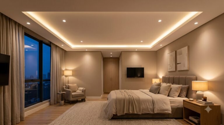 Flat gypsum board false ceiling with a peripheral cove lighting band in a bedroom
