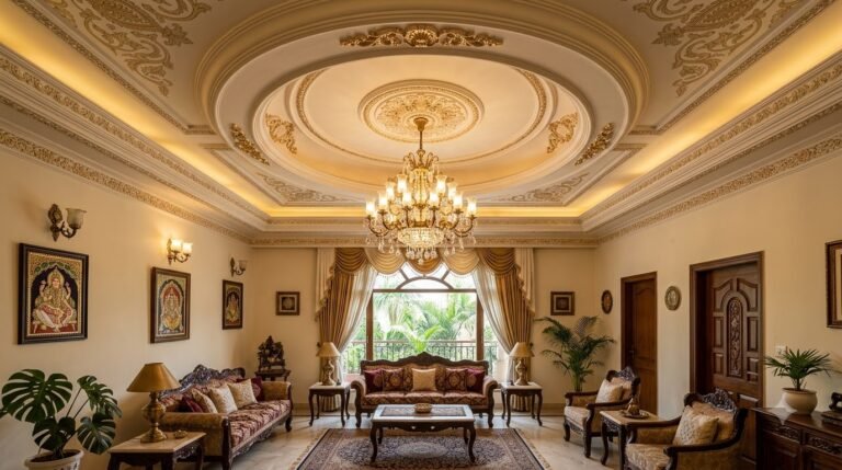POP false ceiling with a curved circular profile and decorative cornice work