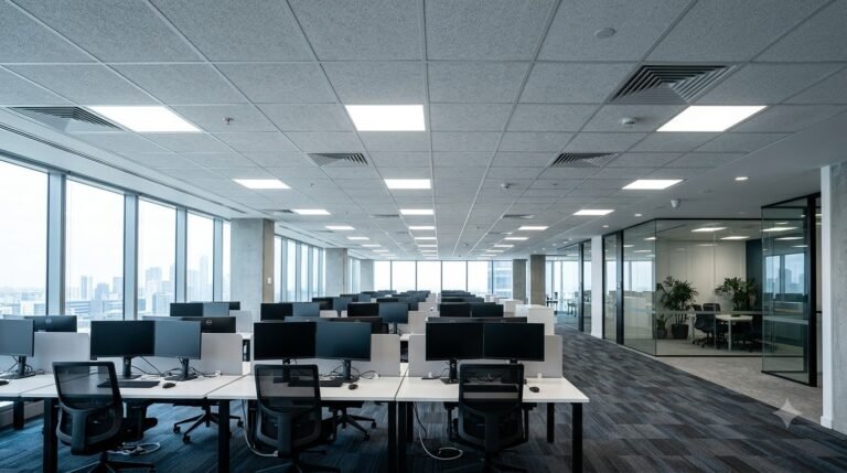 Modular grid false ceiling with acoustic panels and recessed LED panel lights in an office