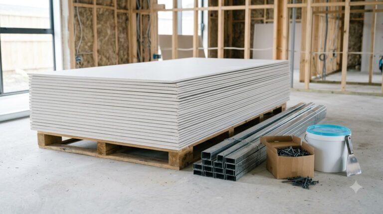 Gypsum plasterboard sheets with GI channels, screws and jointing compound on site