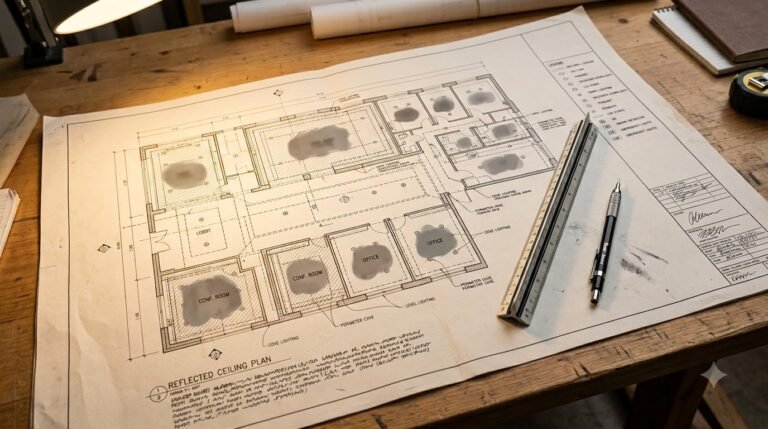 Reflected ceiling plan drawing showing drop levels, cove positions and light points