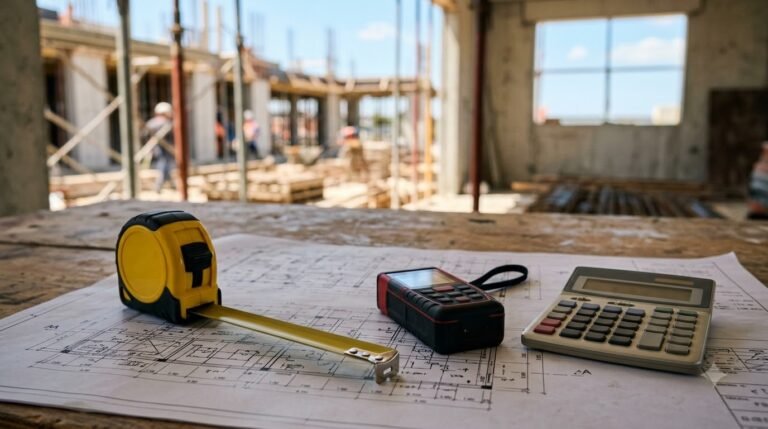 Measuring tape and laser distance meter on a ceiling plan for per square foot measurement
