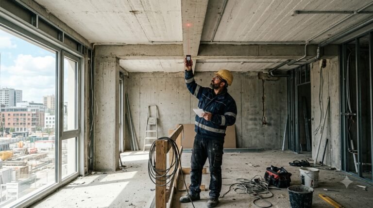 Contractor measuring ceiling height with a laser distance meter during a site visit