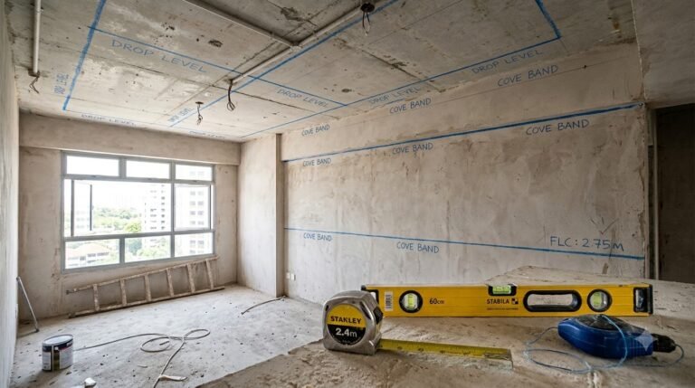 Chalk snap lines marking the false ceiling drop level and cove band