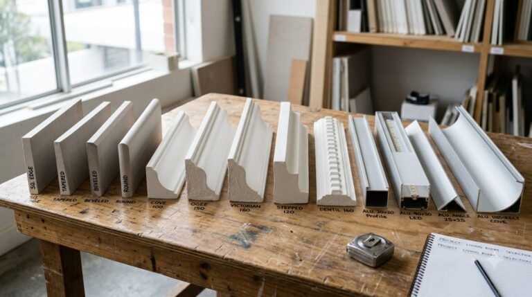 Gypsum board, POP cornice and aluminium cove channel samples laid out for selection