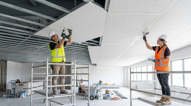 Workers fixing gypsum boards to metal framing and applying jointing compound