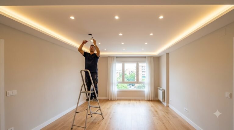 Recessed spotlights being fitted into a completed white gypsum false ceiling with warm cove lighting