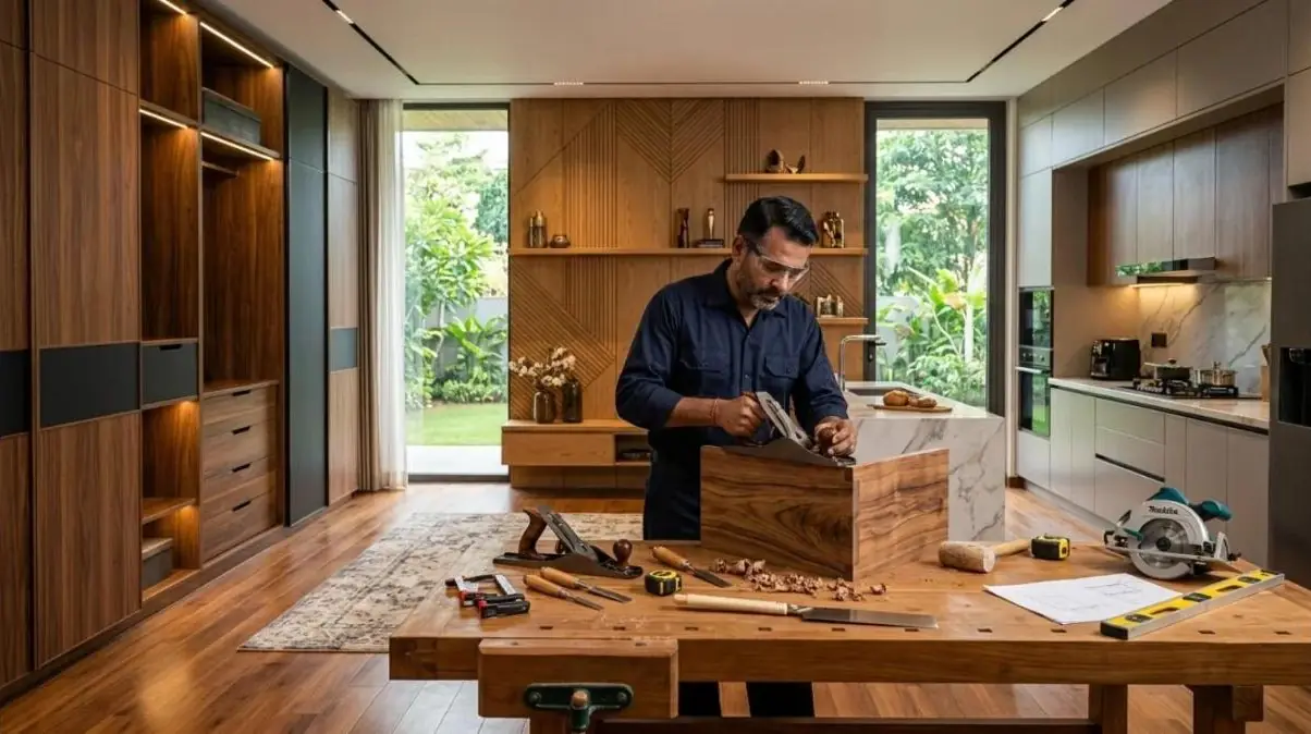 Carpenter finishing veneer woodwork