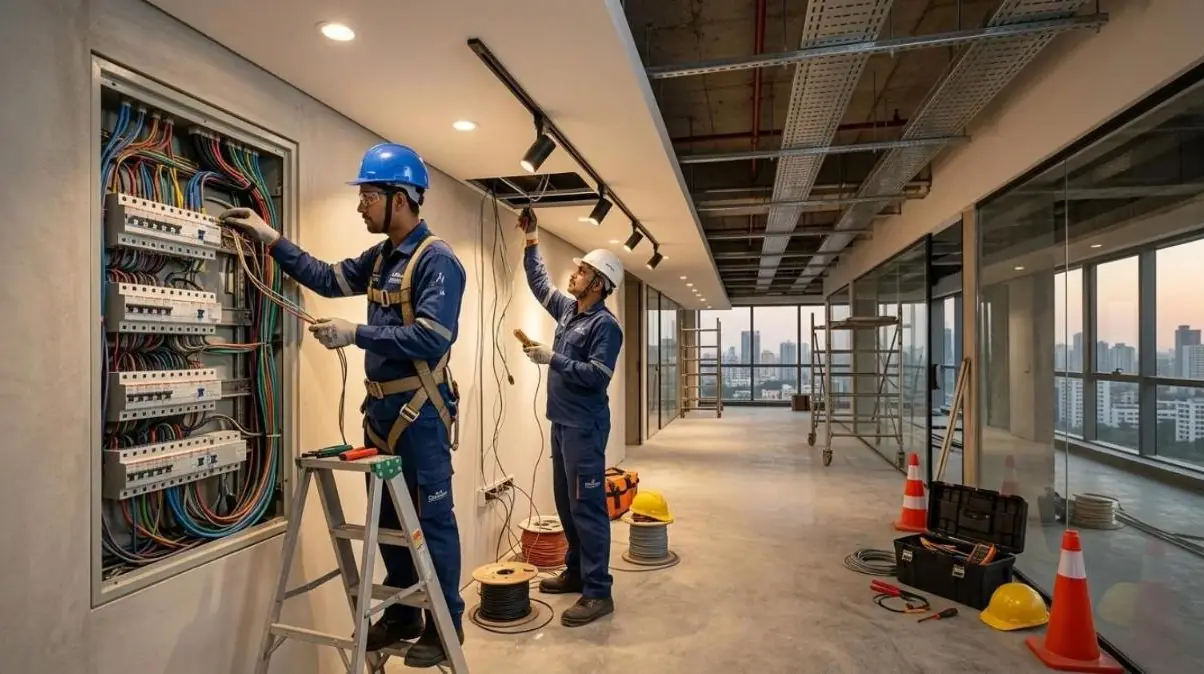 Electricians wiring a distribution panel