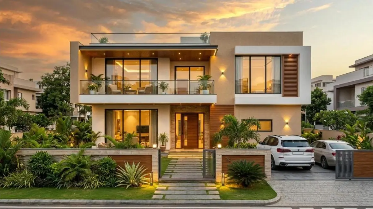 Modern house facade at dusk