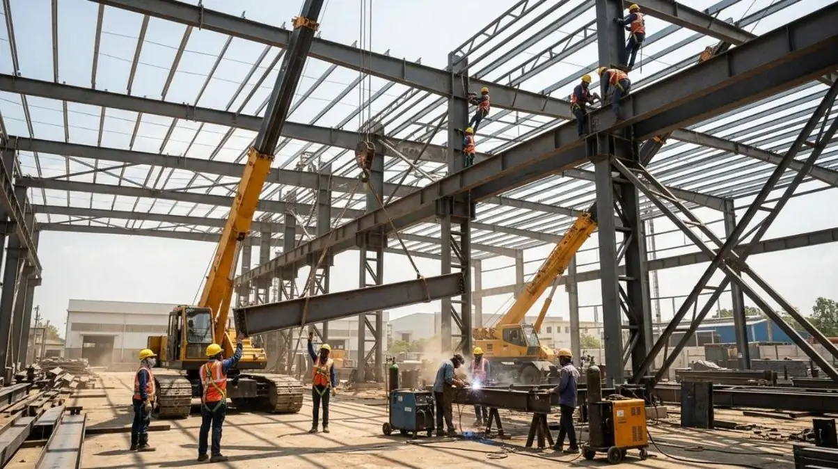 Steel structure being erected with cranes