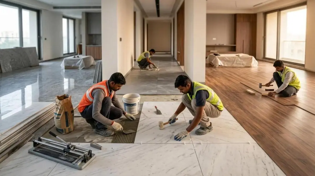 Team laying marble and wooden flooring