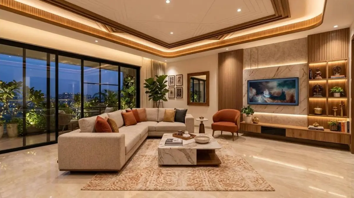Bright living room with a layered false ceiling and cove lighting