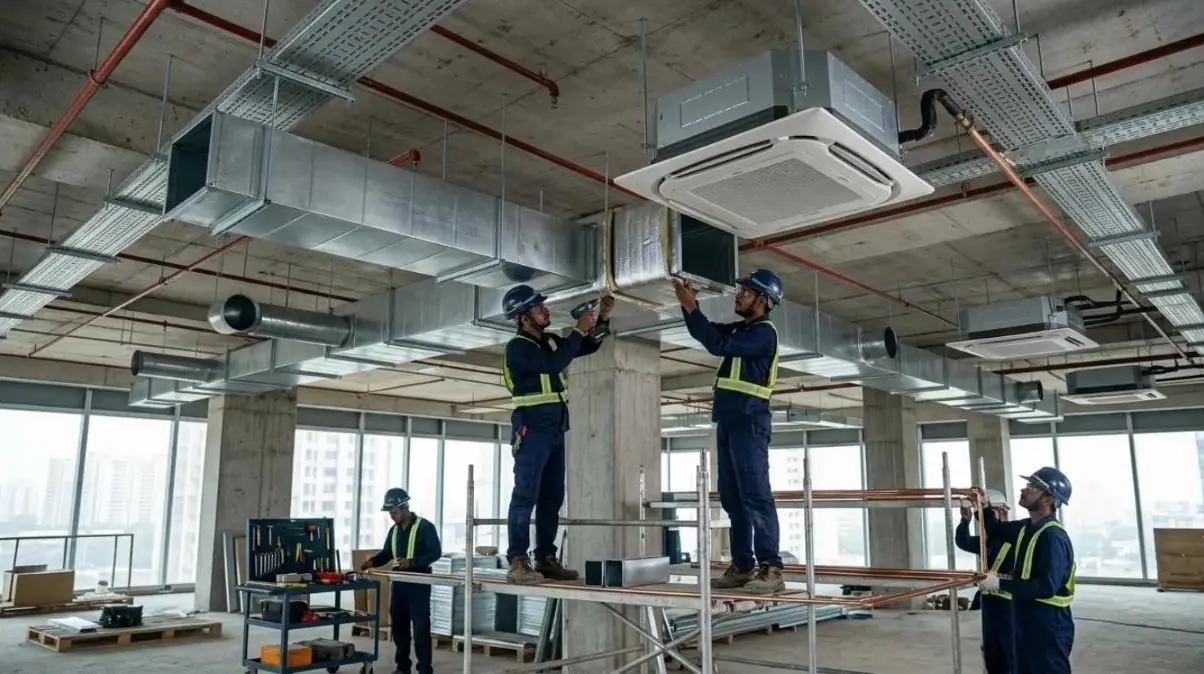 Technicians installing HVAC ducting