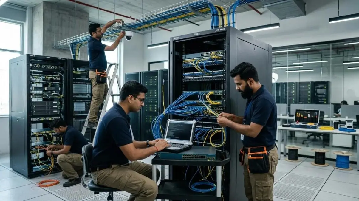 Engineers setting up network racks