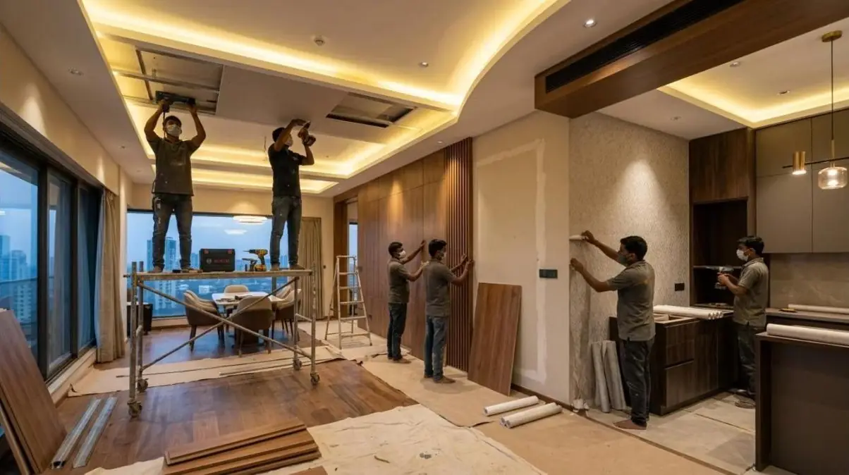 Multi-trade team finishing an apartment