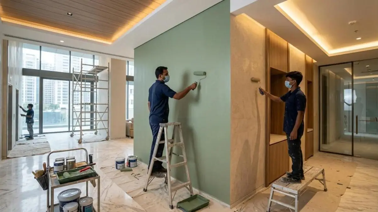 Painters finishing a feature wall