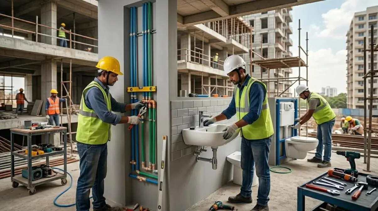 Plumbers fitting water lines and sanitaryware