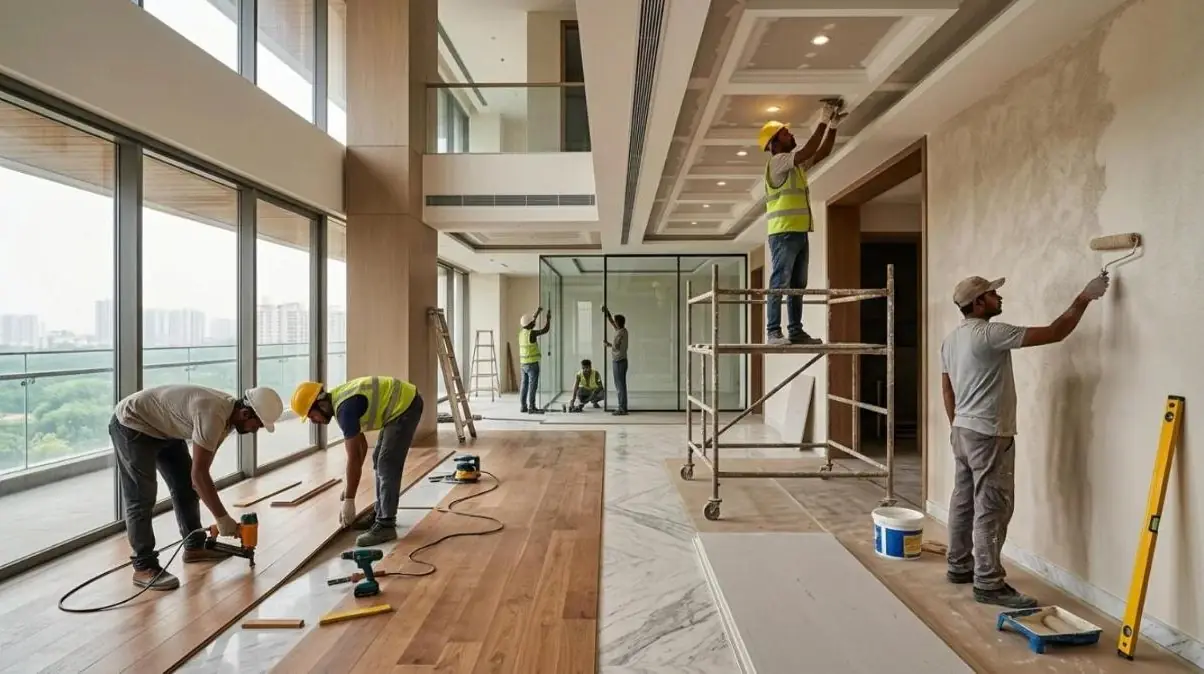 Renovation team laying floors and finishing walls in an apartment