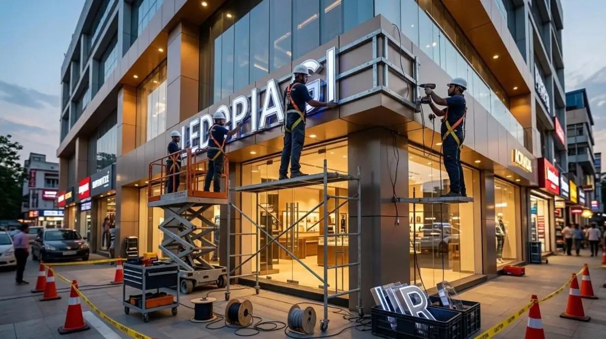 Installers fixing an illuminated shop sign