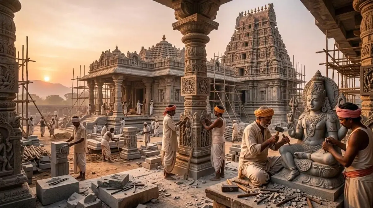 Artisans carving a temple and statue in stone