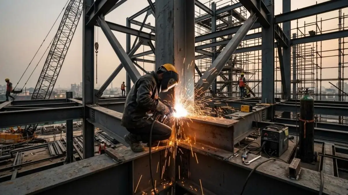 Welder joining steel beams on site